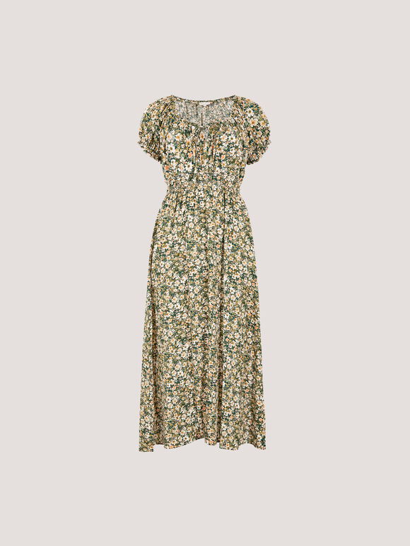 Watercolour Floral Milkmaid Midi Dress, Green, large