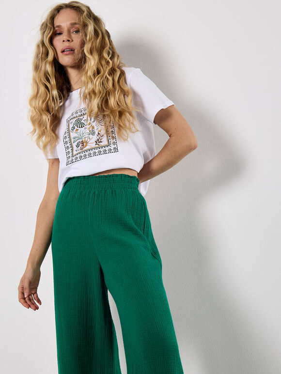 Textured Cotton Wide Leg Trousers, Green, large