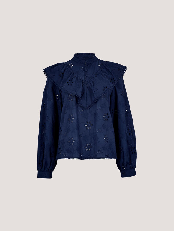 Embroidered Cotton Ruffle Blouse, Navy, large
