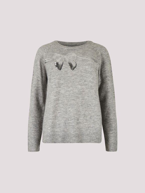 Sequin Embellished Bow Jumper, Grey, large