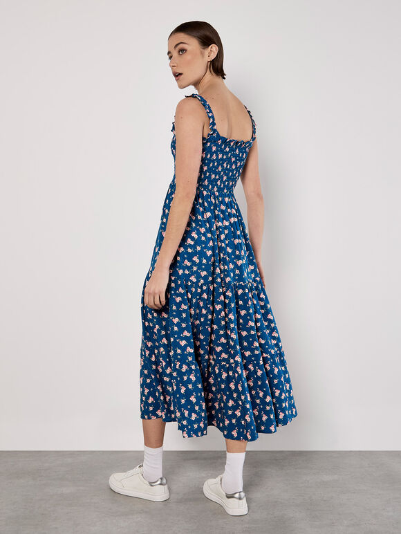 Ditsy Floral Smocked Midi Dress, Blue, large