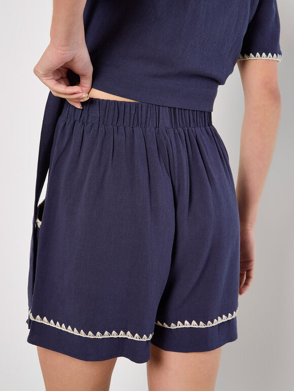 Stitch Detail Linen Blend Shorts, Navy, large