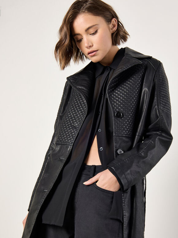 Faux Leather Biker Trench Coat, Black, large