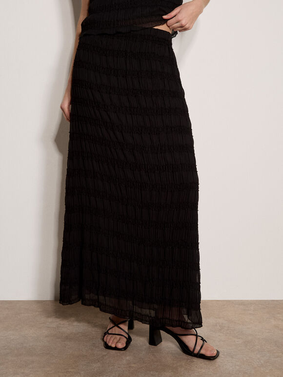 Ruched Chiffon Maxi Skirt, Black, large