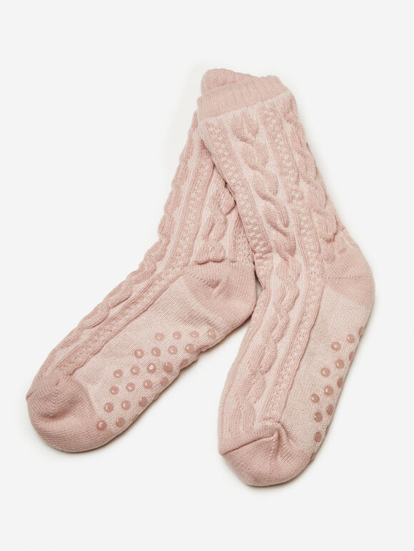 Fluffy Lining Aran Knit Socks, Pink, large