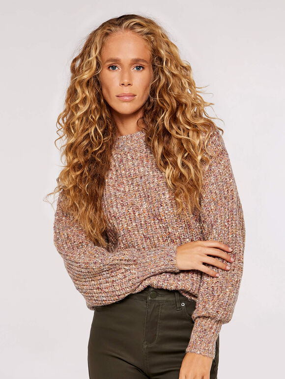 Flecked Ribbed Knit Jumper, Pink, large
