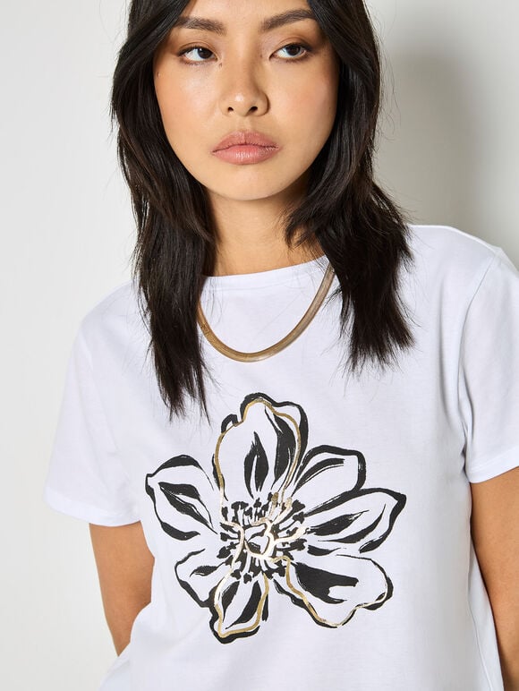 Gold Foil Flower Graphic T-Shirt, White, large