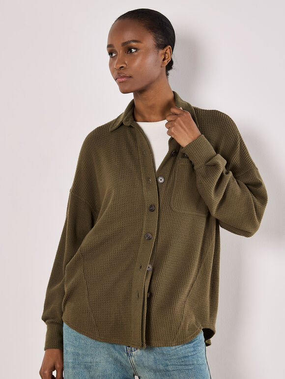 Oversized Waffle Knit Shirt, Khaki, large