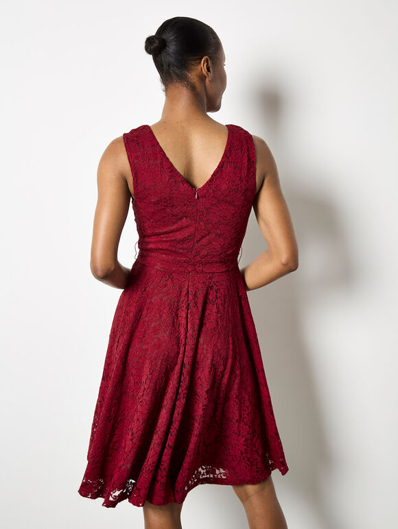 Floral Lace Fit And Flare Mini Dress, Burgundy, large