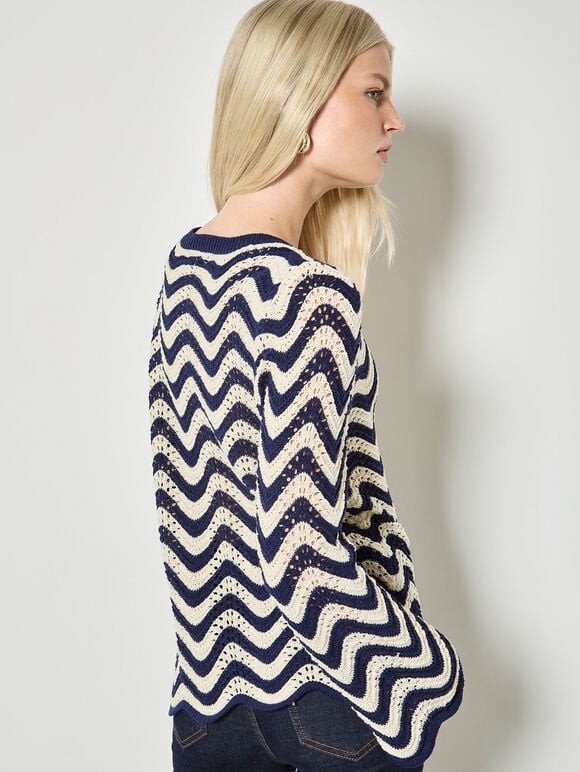Stripe Waves Pointelle Knit Jumper, Navy, large