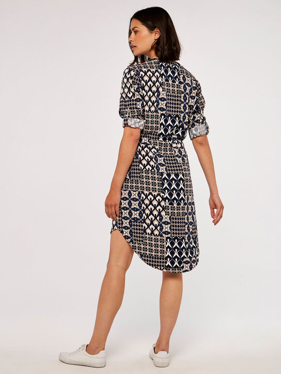 Patchwork Print Dress, Navy, large