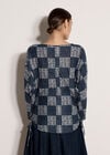 Textured Check Ruched Batwing Top, Navy, large