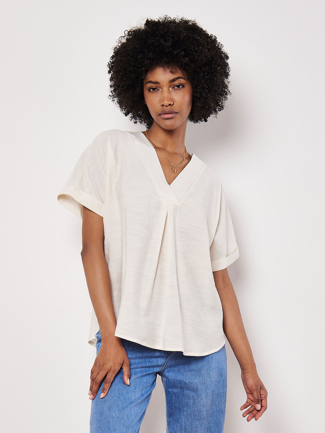 Image of Pleat Detail V-Neck Top