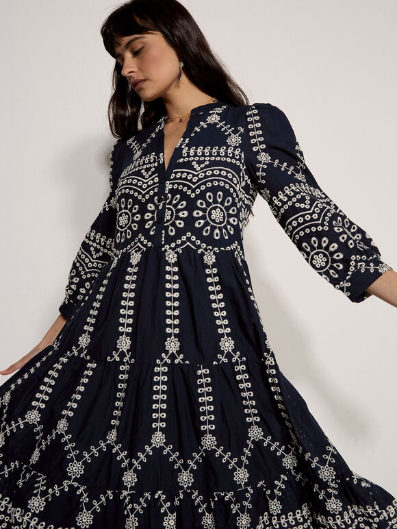 Floral Broderie Anglaise Midi Dress, Navy, large