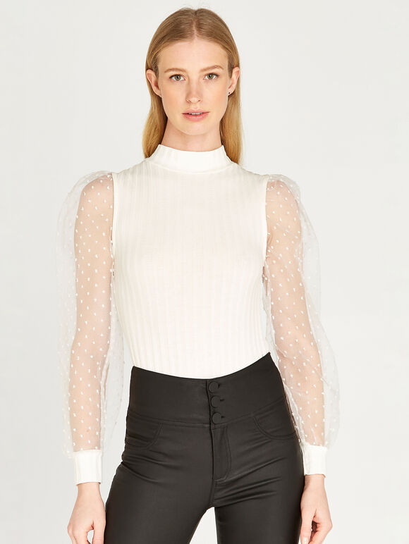 Polkadot Puff Sleeve Ribbed Top, Cream, large