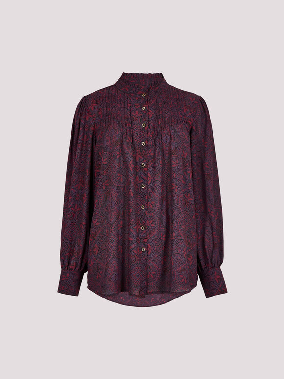 Mosaic Print Chiffon Ruffle Blouse, Burgundy, large