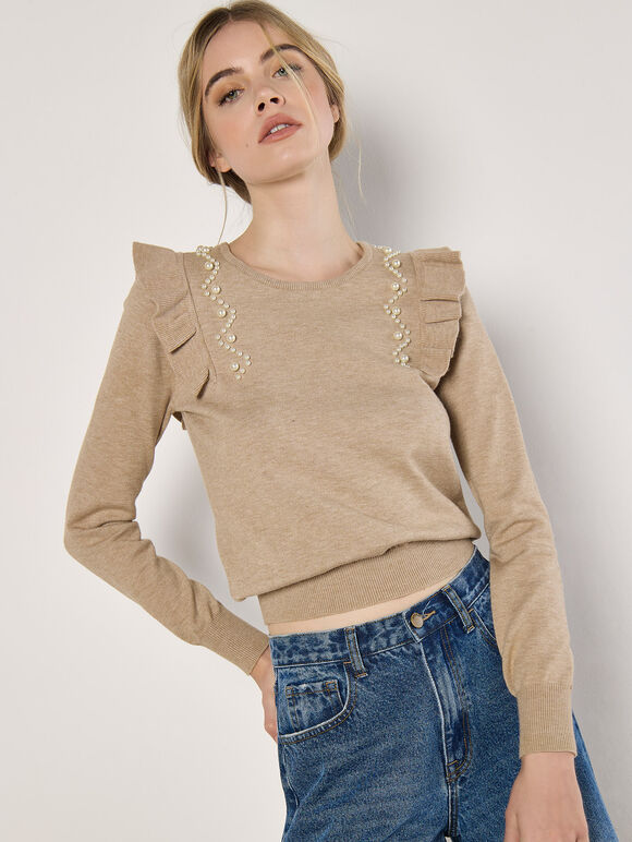 Pearl Embellished Ruffle Jumper, Stone, large