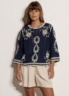 Embroidered Bell Sleeve Top, Navy, large