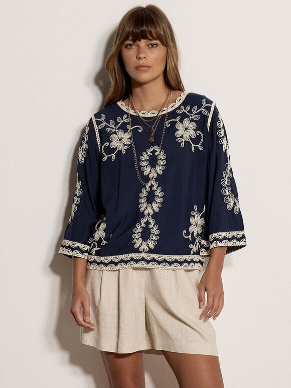 Embroidered Bell Sleeve Top, Navy, large