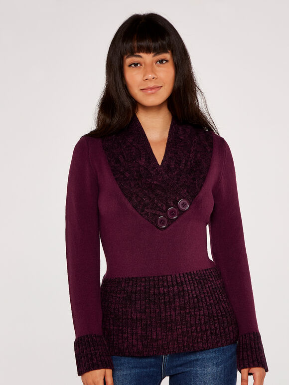Button Mix Knit Jumper, Burgundy, large
