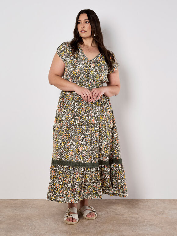 Ditsy Floral Maxi Dress, Khaki, large
