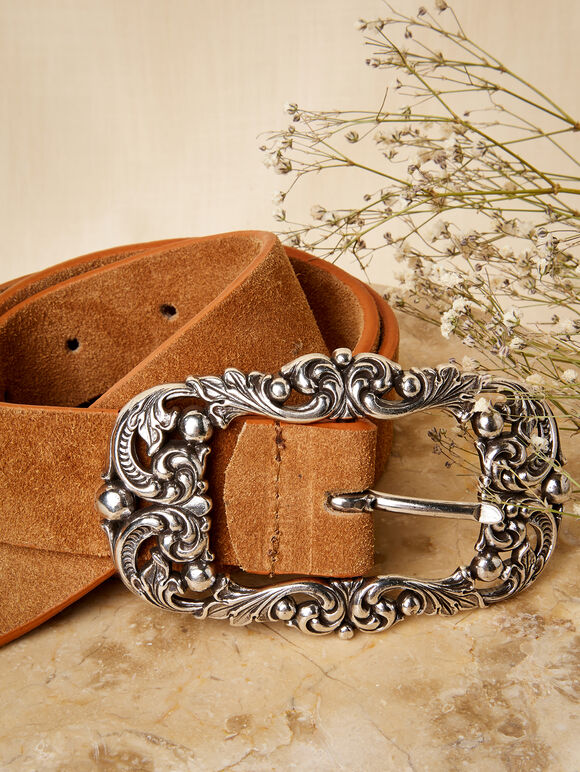 Suede Leather Ornate Buckle Belt, Brown, large