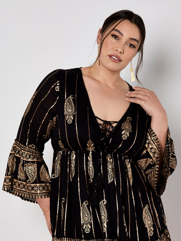 Paisley Shimmer Mini Dress, Black, large