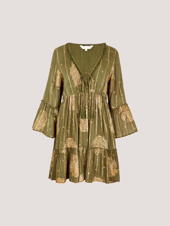Paisley Shimmer Mini Dress, Khaki, large