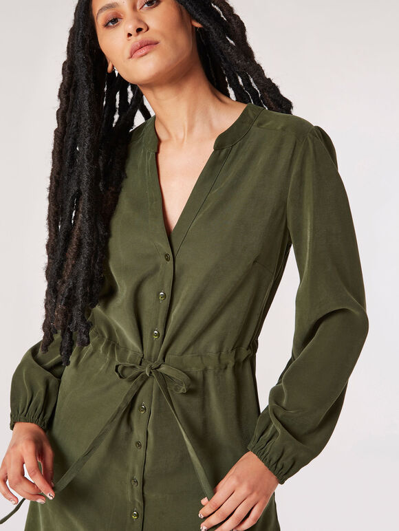 Twill Shirt Mini Dress, Green, large