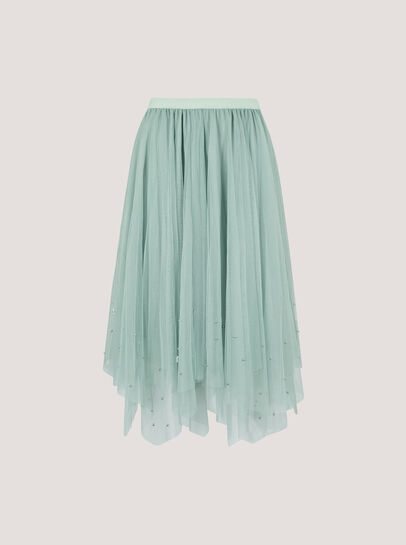 Pearl Embellished Tulle Midi Skirt