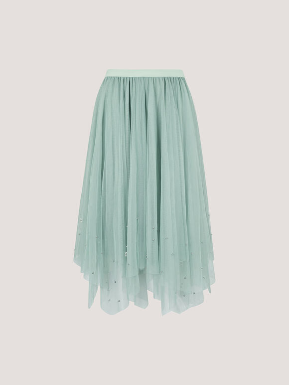Pearl Embellished Tulle Midi Skirt, Mint, large