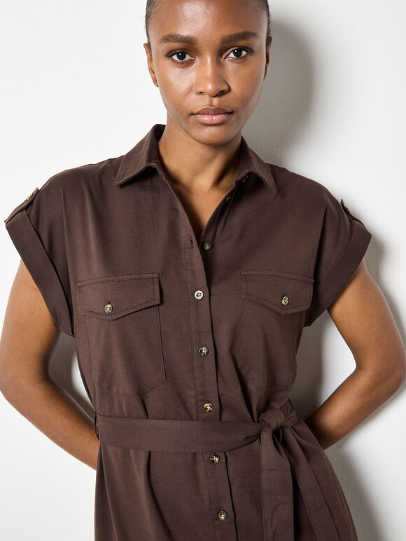 Cotton Slub Midi Shirt Dress, Brown, large