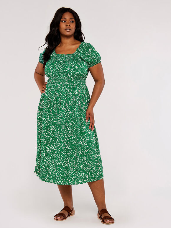 Curve Brush Spot Milkmaid Midi Dress, Green, large