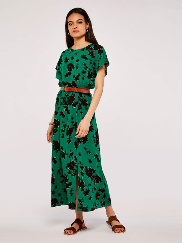 Floral Leaf Smock Dress, Green, large