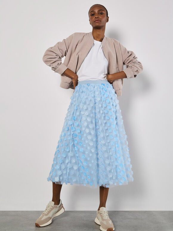 Applique Flowers Tulle Midi Skirt, Blue, large