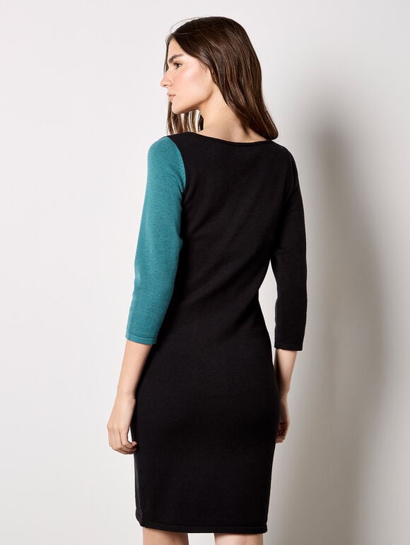 Colour Block Panel Knitted Mini Dress, Teal, large