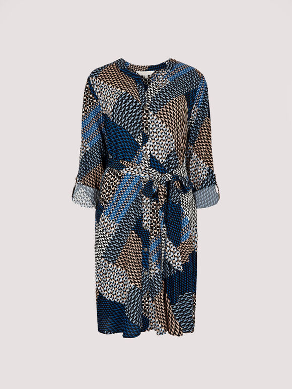 Geo Patchwork Shirt Mini Dress, Navy, large