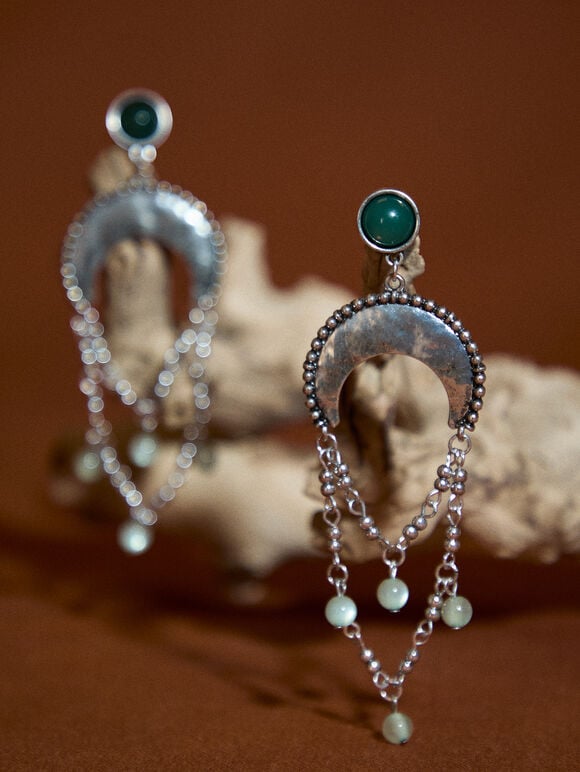 Silver Tone Moon Drop Earrings, Silver, large