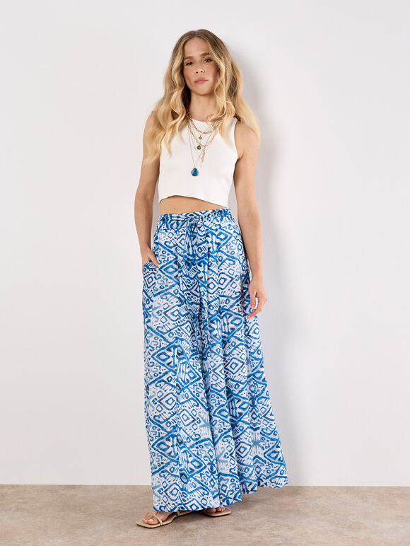 Lightweight Ikat Palazzo Trousers, Blue, large