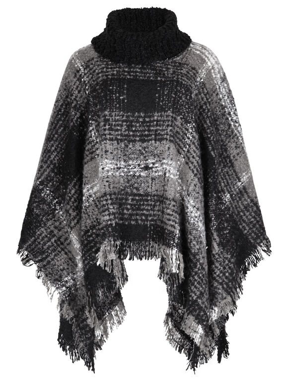 Stone, Black & White Check Boucle Poncho Jumper, Stone, large