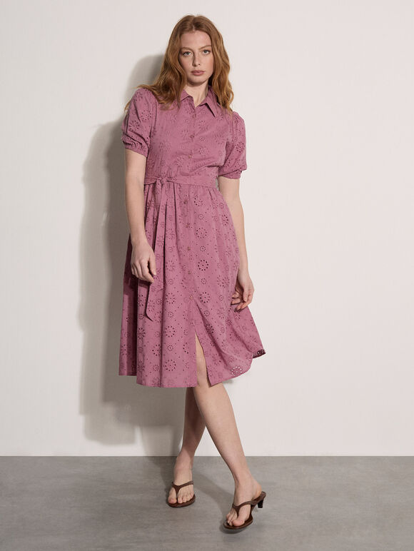 Broderie Shirt Midi Dress, Burgundy, large