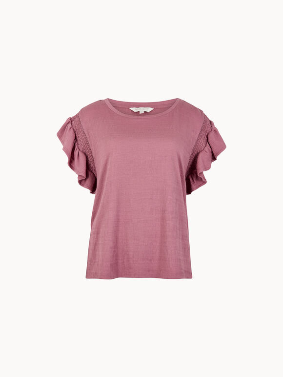 Ruffle Sleeve Textured T-Shirt, Pink, large
