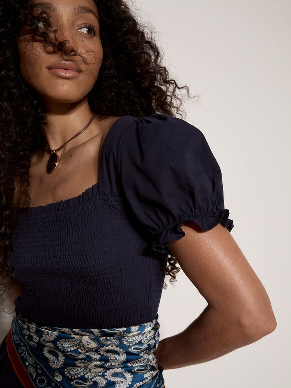 Cotton Tiered Milkmaid Midi Dress, Navy, large
