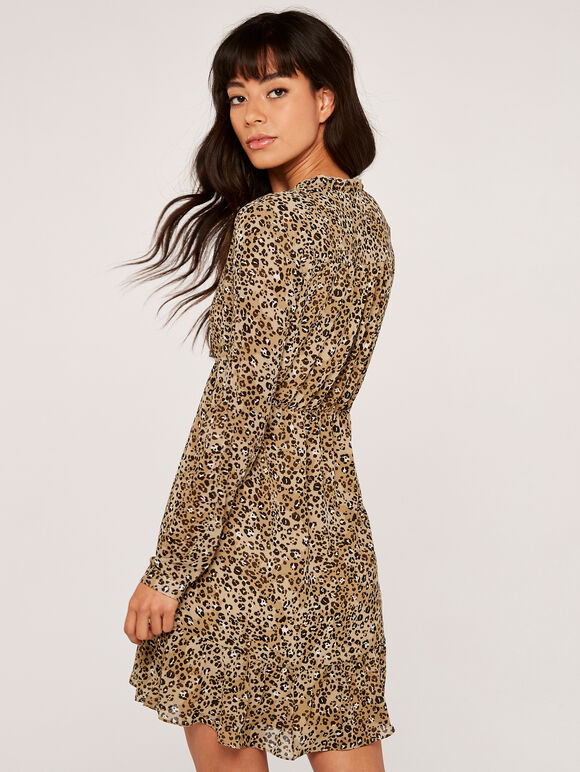 Leopard Drop Waist Ruffle Dress, Stone, large