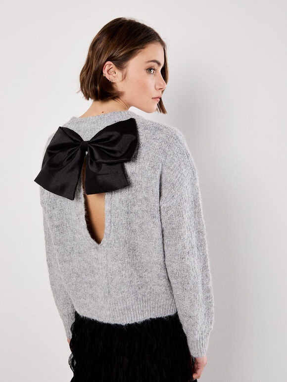 Bow Back Shimmer Fluffy Jumper, Grey, large