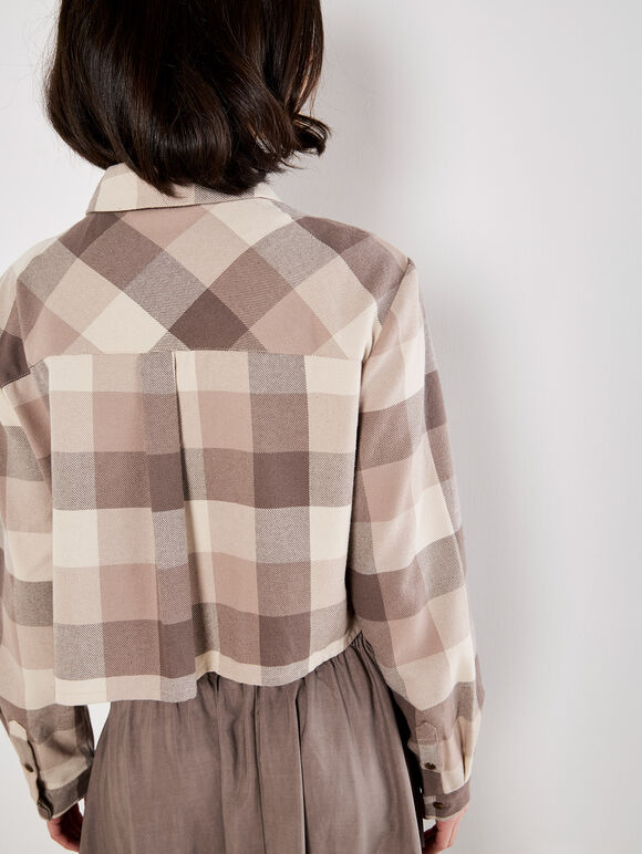 Check Print Cropped Shirt, Grey, large