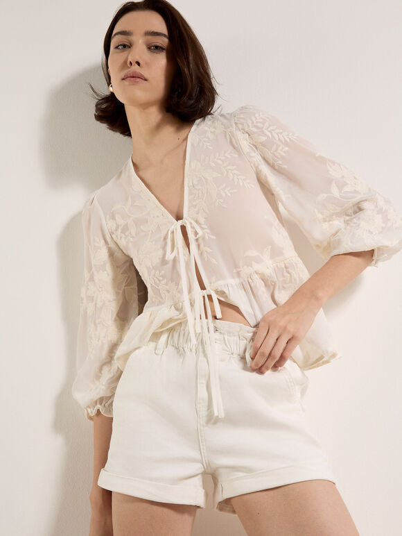 Ruched Denim Rolled Hem Shorts, White, large