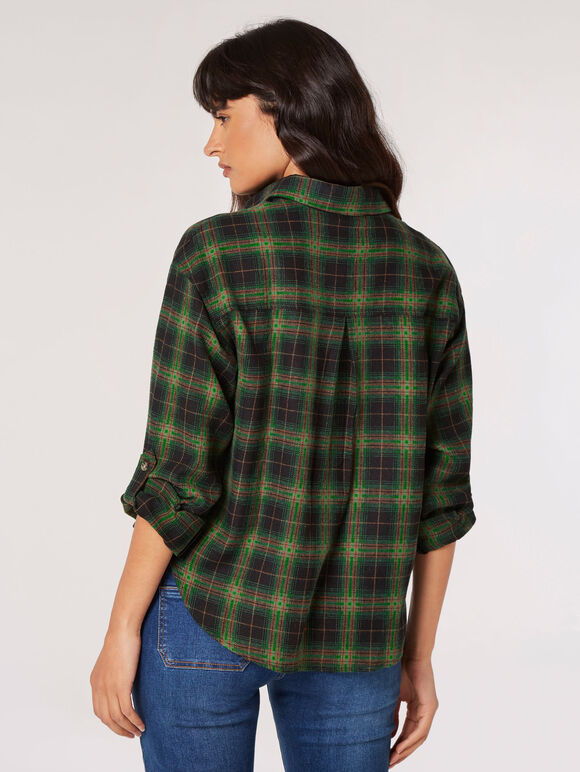 Check Print Cropped Shirt, Black, large