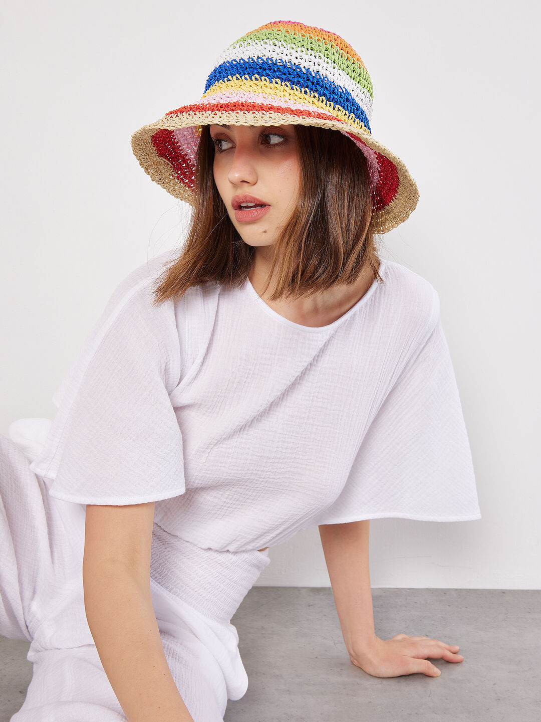 Image of Colourful Stripe Straw Bucket Hat