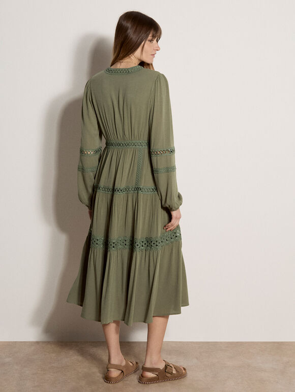 Lace Trim Tiered Midi Dress, Khaki, large